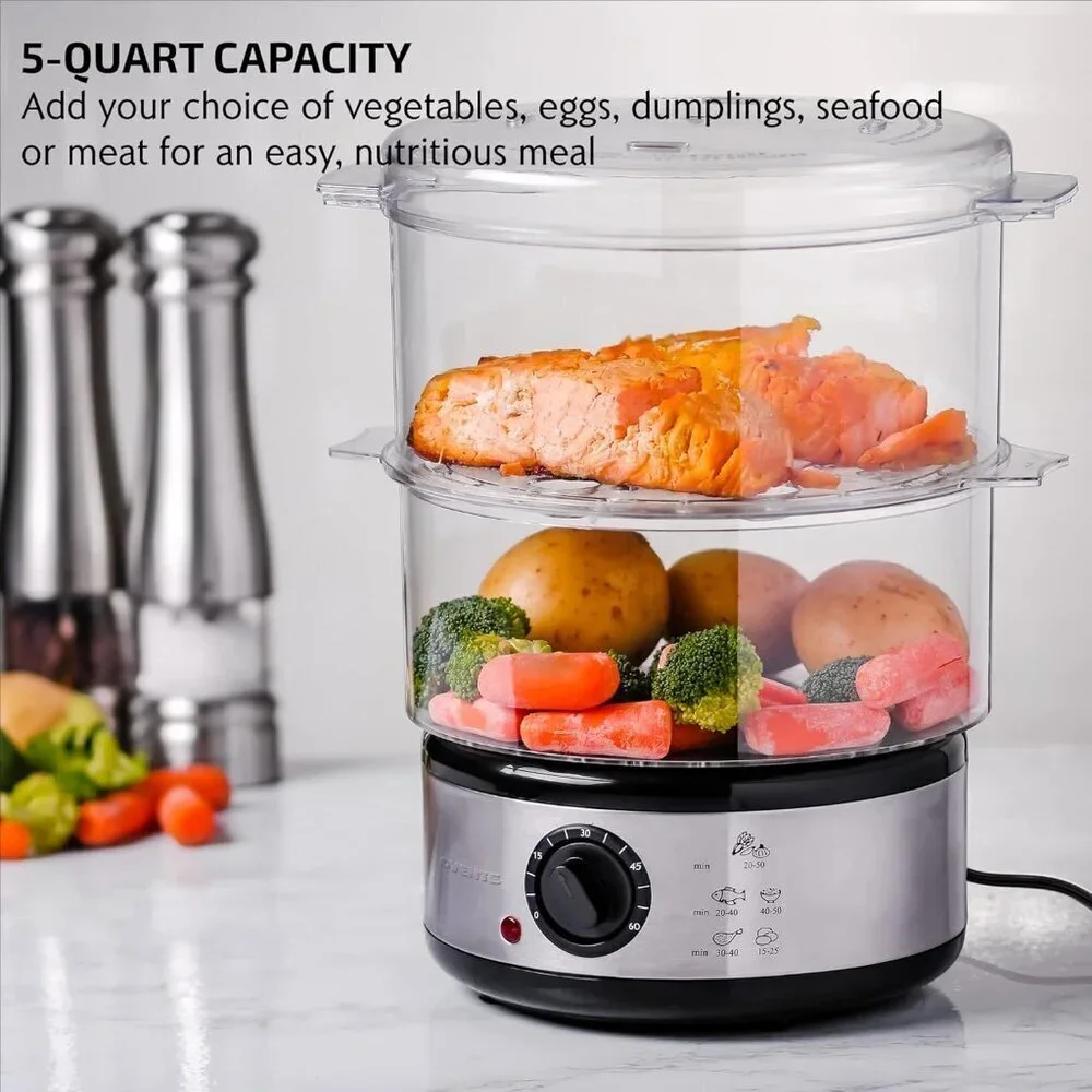 Electric Food Steamer Stainless Steel 2-Tier 5 Quart 400W Silver New in Box